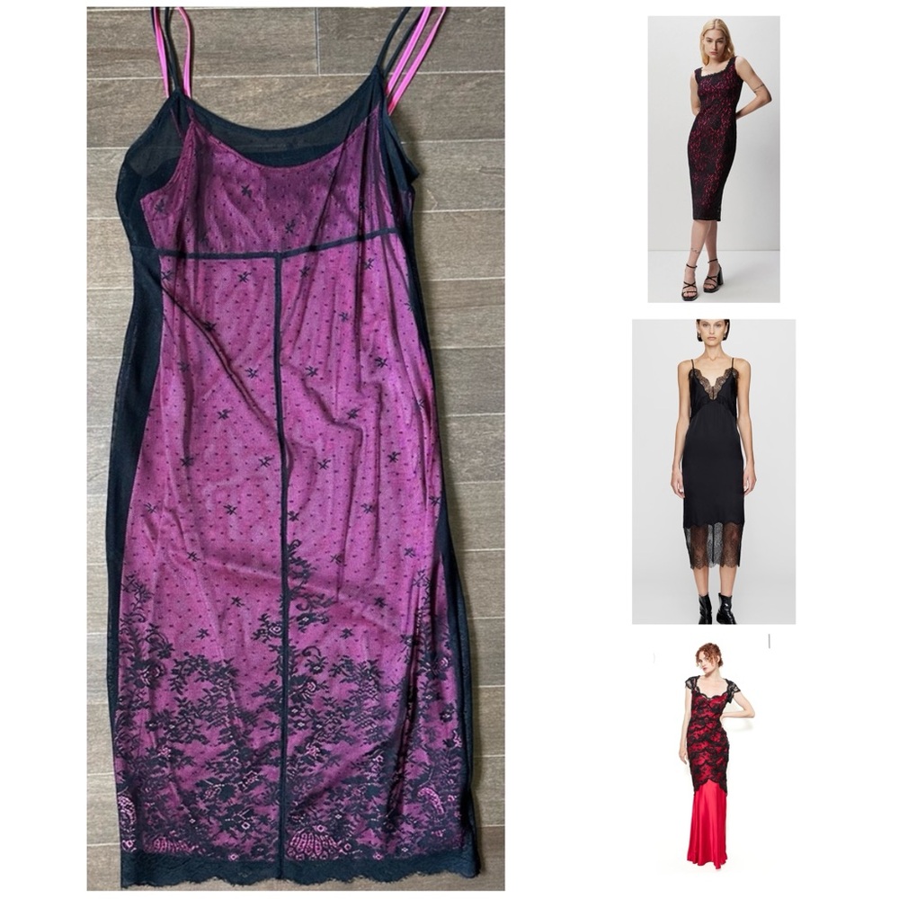 Y2K Pink Slip Dress with Black Lace Overlay